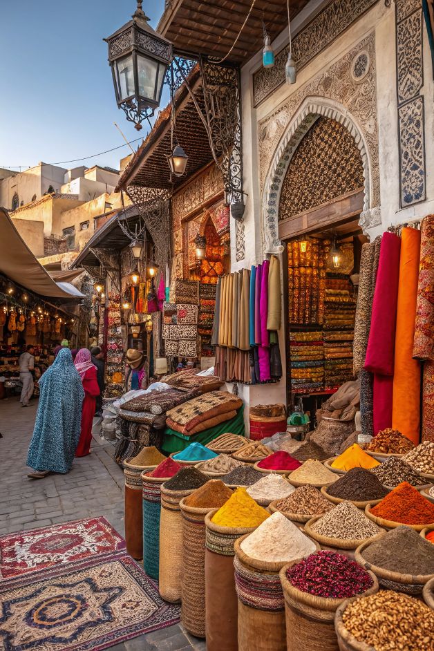 Colorful spice stalls and handcrafted goods in the bustling souks of Marrakech Morocco
